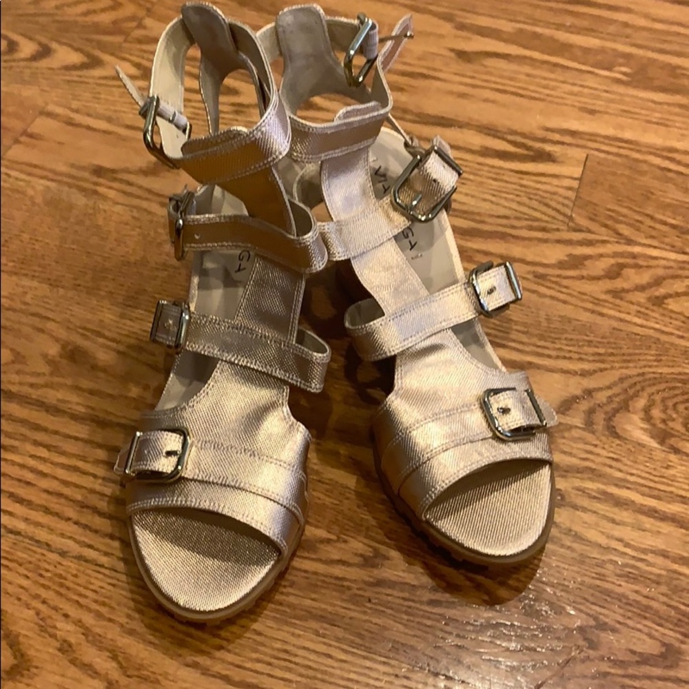Rose gold metallic wedge sandal